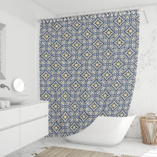 Cortina Para Box Teste padrão do marinho e do azulejo do espanhol