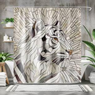 Cortina Para Box Tigre branco - Arte Digital Mosaica de Vidro Estre