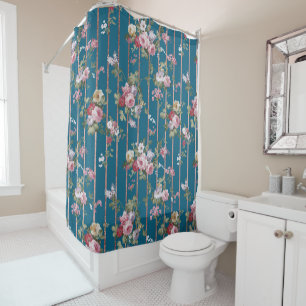 Cortina Para Box Tiras florais modernas, cor-de-rosa-azul-boêmia