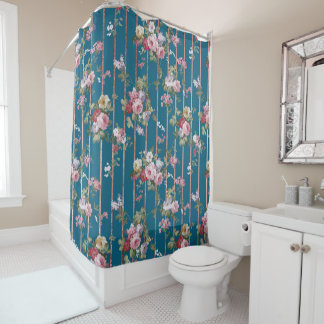 Cortina Para Box Tiras florais modernas, cor-de-rosa-azul-boêmia