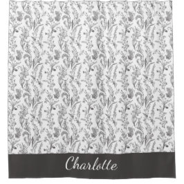 Cortina Para Box Toalete Floral Preto Branco Nome Personalizado