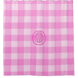 Cortina Para Box Toalha de Banho com Xadrez Rosa e Conchas