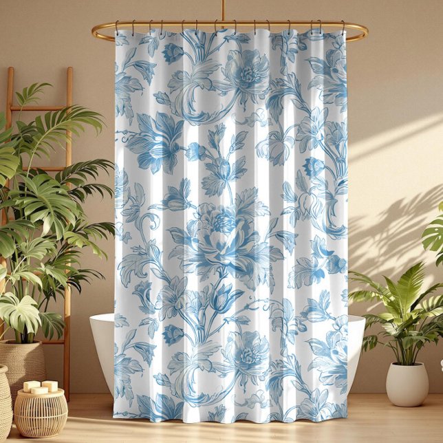 Cortina Para Box Toile-de-jouy Chinoiseries Blue Floral Pattern (Criador carregado)