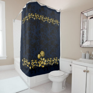 Cortina Para Box Toile floral Dourado preto em azuis marinhos