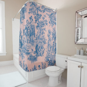 Cortina Para Box Torre francesa de jouy azul e rosa elegante