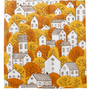 Cortina Para Box Trees and houses seamless pattern. Autumn, fall ci