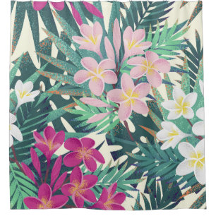 Cortina Para Box Tropical de Frangipani: Vintage branco-rosa.