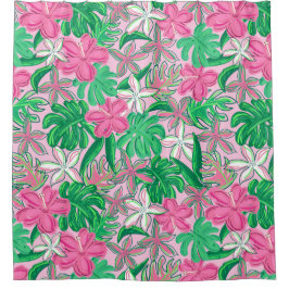 Cortina Para Box Tropical Pink White Flowers Palm Leaves Preppy
