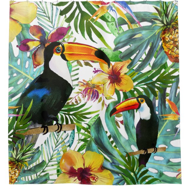 Cortina Para Box Tropical Toucan Paradise Palm Pineapple Modern (Frente)