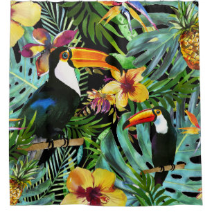 Cortina Para Box Tropical Toucan Paradise Palm Pineapple Modern
