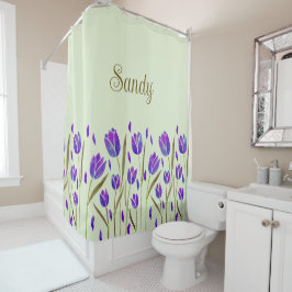 Cortina Para Box Tulipas aguarela roxo e verde oliva Monograma