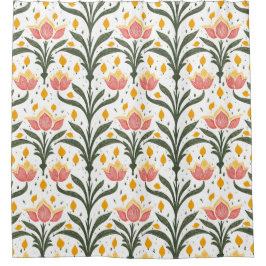 Cortina Para Box Tulipas cor-de-rosa com padrão verde