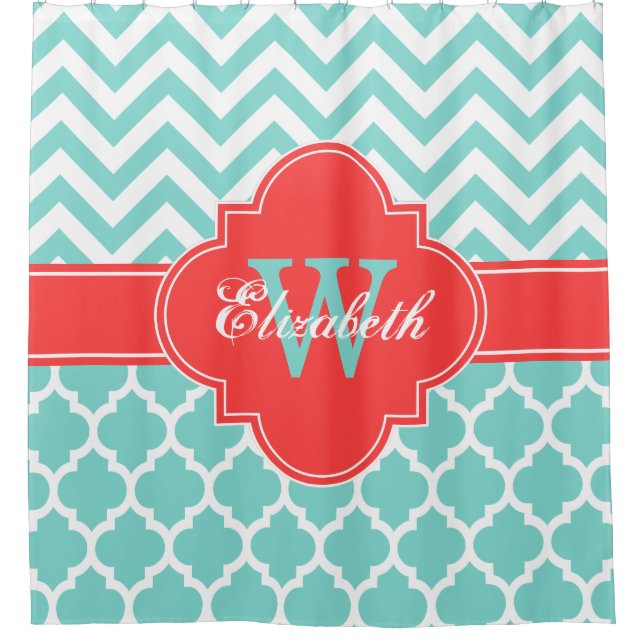Cortina Para Box Turquesa Aqua Coral Vermelho marroquino #5 Chevron (Frente)