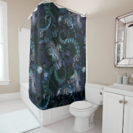 Cortina Para Box Turquesa Gótica Cthulhu Tentáculo Com Flores
