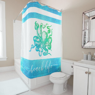 Cortina Para Box Turquoise Blue Octopus Beach