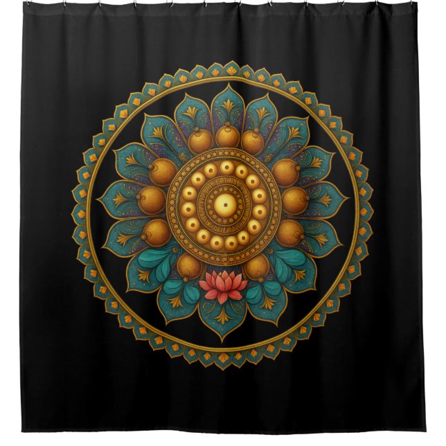 Cortina Para Box Turquoise Lotus Mandala Art | Black Boho Graphic (Frente)