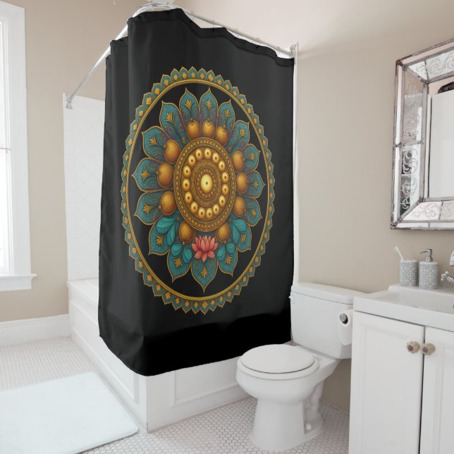 Cortina Para Box Turquoise Lotus Mandala - Black Boho Graphic Art (In Situ)