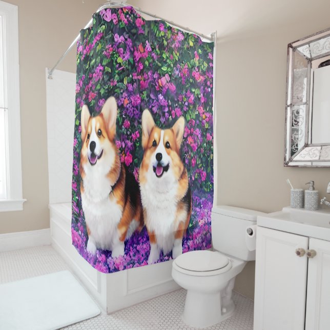 Cortina Para Box Twin Corgis no Jardim (In Situ)