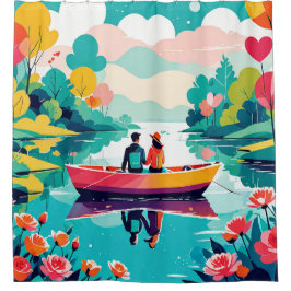 Cortina Para Box Um casal num barco num lago - Cortina Chá