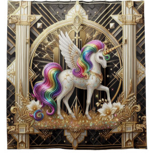 Cortina Para Box Unicórnio com Brilho Falso Arco-íris Art Déco