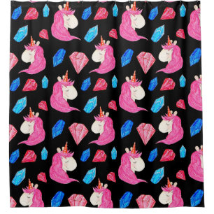 Cortina Para Box Unicórnio, cristais: padrão mágico de aquarela.