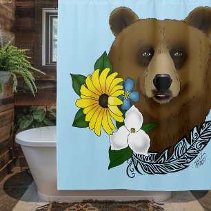 Cortina Para Box Urso Pardo Flores Azuis Pena Vida Selvagem