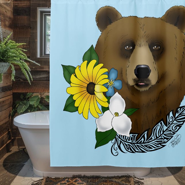 Cortina Para Box Urso Pardo Flores Azuis Pena Vida Selvagem (Criador carregado)