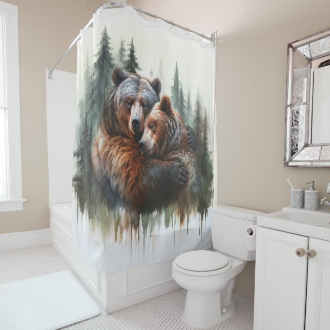 Cortina Para Box Ursos e Árvores em Aquarela Rusticidade Selvagem (In Situ)