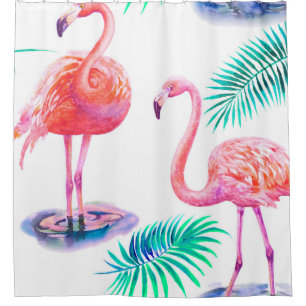Cortina Para Box Verão tropical com folhas de palma de flamingos e