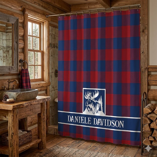 Cortina Para Box Vermelho Azul Buffalo Xadrez Alce Rústico Monogram (Red Blue Buffalo Plaid, Moose logo, White Monogram  Typography)