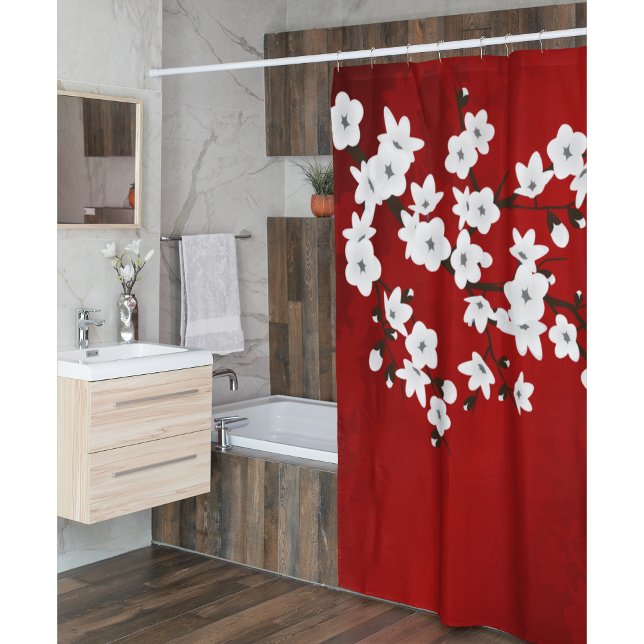 Cortina Para Box Vermelho Floral Branco Flor de Cerejeira Oriental (Criador carregado)