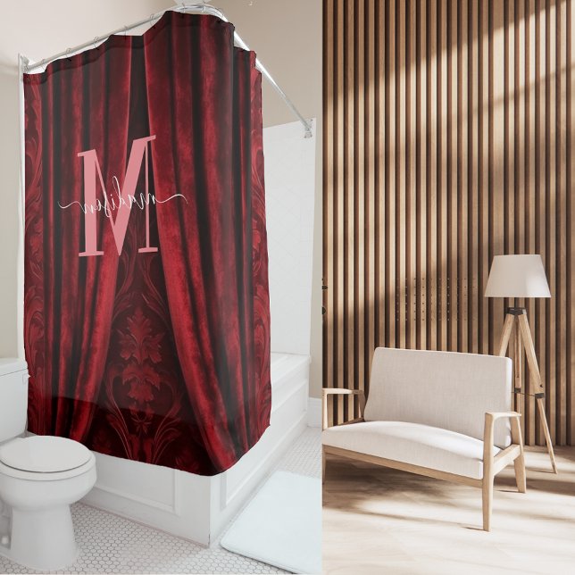 Cortina Para Box Vermelho Veludo Monograma Rosa Moderno Casamento (Criador carregado)
