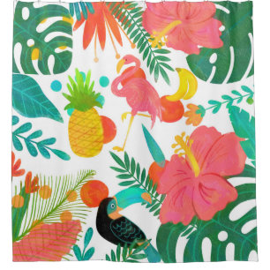 Cortina Para Box Vibrações Tropicais Folhas Florais Verão Chic