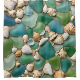 Cortina Para Box Vidro e Seashell do Mar Azul e Verde