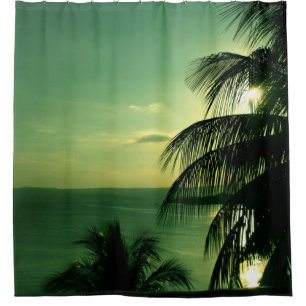 Cortina Para Box Vintage Beach Sunset Green Blue Sky Palm Negro