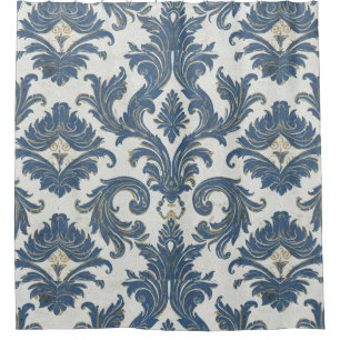 Cortina Para Box Vintage Blue e Dourado Barroco Damask