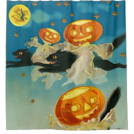 Cortina Para Box Vintage Halloween Pumpkin Fantasmas e Gatos Negros