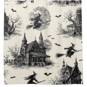 Cortina Para Box Vintage Haunted House and Witch Toile Pattern (2)