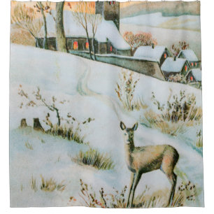 Cortina Para Box Vintage neve, paisagem de inverno com veado