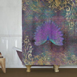 Cortina Para Box Vintage Peacock Feather Purple Gold Foil Swirls