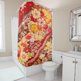 Cortina Para Box Vintage Red Yellow Japonês Kimono Floral Fllower