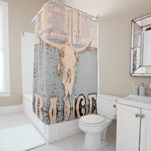 Cortina Para Box Vintage Rustic Bull Skull Cinza Beige Western