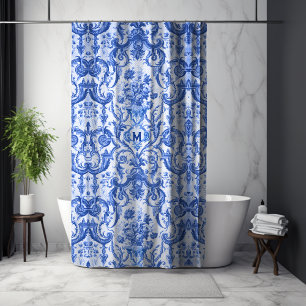 Cortina Para Box Vintagem gráfica Monograma azul toile de jouy