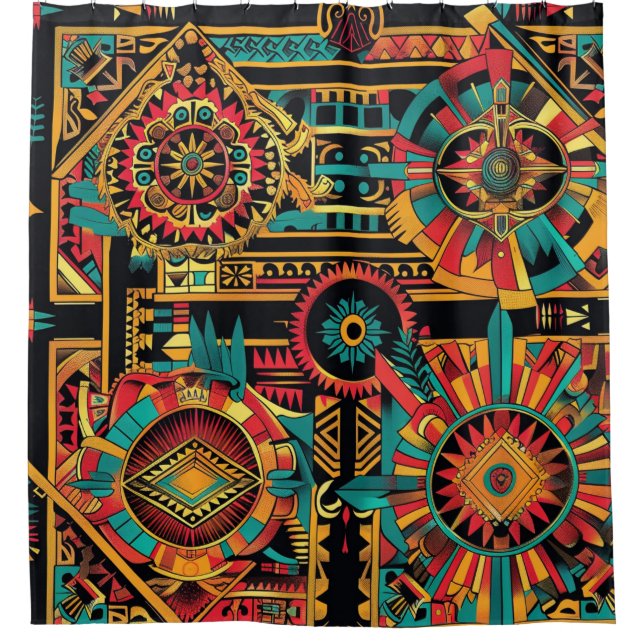 Cortina Para Box Vivid Teal "Aztec Dream" Chic Bathroom Chá Curt (Frente)