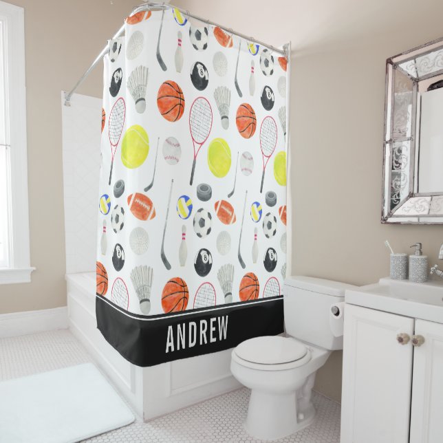 Cortina Para Box Watercolor Multi Sport Pattere Balls Kid Boy Name (In Situ)
