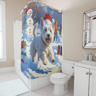 Cortina Para Box Westie Correndo na Neve com Chapéu de Natal
