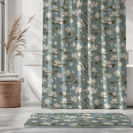 Cortina Para Box White Magnolia Grove on Duck Blue Elegant Floral