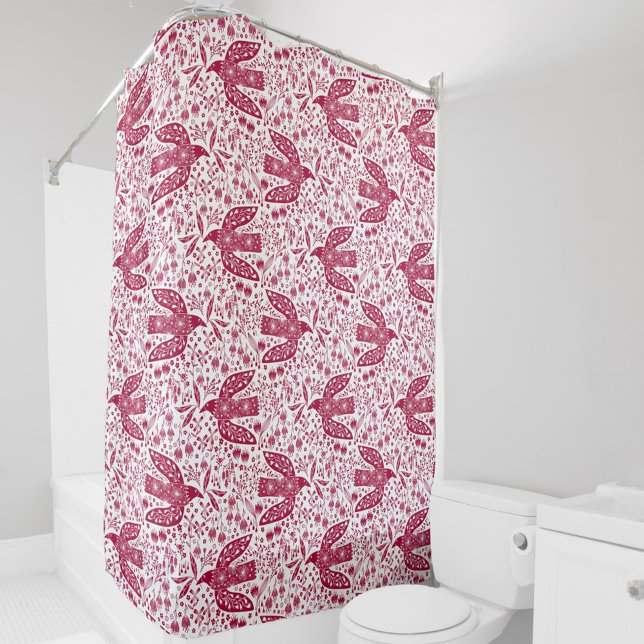 Cortina Para Box White vermelho de arte de pássaros (Magenta hot pink and white peace dove bird and flower pattern shower curtain)