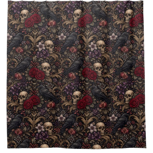 Cortina Para Box William Morris Inspired Pattern Gothic Skulls (Frente)