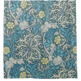 Cortina Para Box William Morris, padrão art nouveau, algas, azul,f